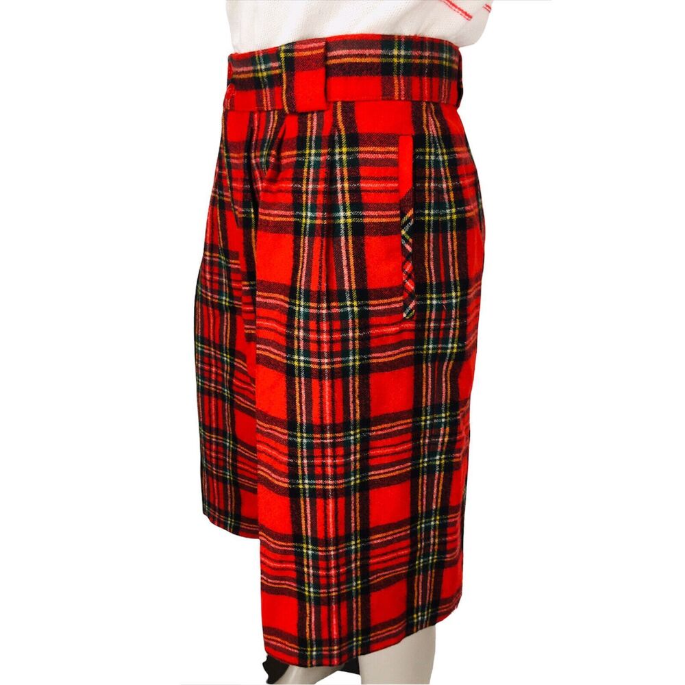 Vintage 80s Red Tartan Plaid Wool Long High-Waist Culottes Shorts M/L/XL